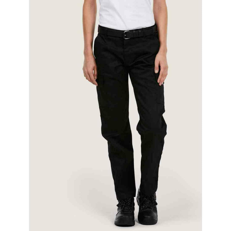 A woman wearing a UC905 Black Uneek ladies cargo trousers