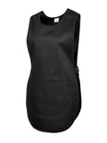 Black sleeveless tabard from Uneek Workwear with a front pocket and side button fastenings, offering a durable and stylish option.