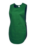 Green sleeveless tabard from Uneek Workwear with a front pocket and side button fastenings, offering a durable and stylish option.