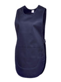 Navy sleeveless tabard from Uneek Workwear with a front pocket and side button fastenings, offering a durable and stylish option.