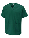 The Uneek Scrub Tunic is a Bottle Green short-sleeved scrub top with three pockets, offering a perfect blend of practicality and comfort.