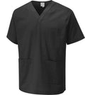 The Uneek Scrub Tunic is a Black short-sleeved scrub top with three pockets, offering a perfect blend of practicality and comfort.