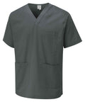 The Uneek Scrub Tunic is a Convoy Grey short-sleeved scrub top with three pockets, offering a perfect blend of practicality and comfort.