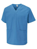A Hospital blue short-sleeved scrub tunic with three pockets, offering a perfect blend of practicality and comfort.