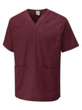 The Uneek Scrub Tunic is a Maroon short-sleeved scrub top with three pockets, offering a perfect blend of practicality and comfort.