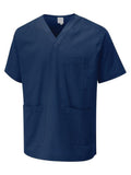 The Uneek Scrub Tunic is a Navy short-sleeved scrub top with three pockets, offering a perfect blend of practicality and comfort.