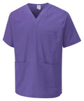 The Uneek Scrub Tunic is a Purple short-sleeved scrub top with three pockets, offering a perfect blend of practicality and comfort.