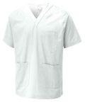 The Uneek Scrub Tunic is a White short-sleeved scrub top with three pockets, offering a perfect blend of practicality and comfort.