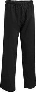 A pair of uc922 black unisex scrub pants from Uneek Scrub Trouser with an elastic waistband, displayed against a plain white background. These straight-legged pants are crafted from lightweight fabric, offering comfort and durability for everyday wear.