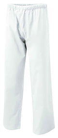 A pair of uc922 white unisex scrub pants from Uneek Scrub Trouser with an elastic waistband, displayed against a plain white background. These straight-legged pants are crafted from lightweight fabric, offering comfort and durability for everyday wear.