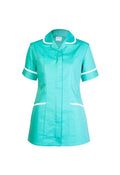 A Uneek short-sleeve ladies scrub tunic in aqua with white trim on collar, sleeves, and pockets, displayed on a white background.
