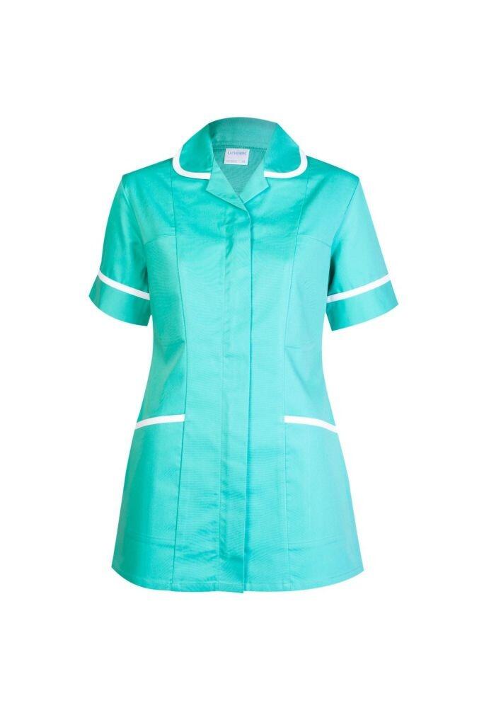 A Uneek short-sleeve ladies scrub tunic in aqua with white trim on collar, sleeves, and pockets, displayed on a white background.