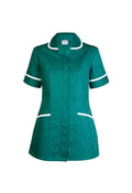 A Uneek short-sleeve ladies scrub tunic in bottle green with white trim on collar, sleeves, and pockets, displayed on a white background.