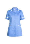 A Uneek short-sleeve ladies scrub tunic in hospital blue with white trim on collar, sleeves, and pockets, displayed on a white background.