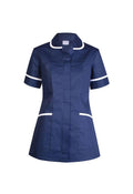 A Uneek short-sleeve ladies scrub tunic in navy with white trim on collar, sleeves, and pockets, displayed on a white background.