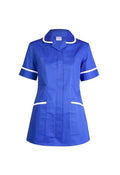 A Uneek short-sleeve ladies scrub tunic in royal blue with white trim on collar, sleeves, and pockets, displayed on a white background.