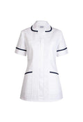 A Uneek short-sleeve ladies scrub tunic in white with white trim on collar, sleeves, and pockets, displayed on a white background.