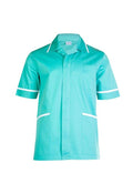 A Uneek UC924 mens heavyweight aqua short-sleeve beauty and spa tunic with white trim around the collar and arms. It features a front button closure, a cross over neckline, and two front pockets outlined in white.
