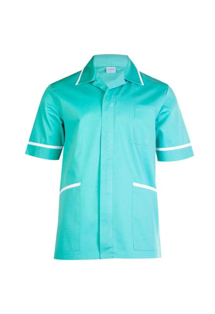 A Uneek UC924 mens heavyweight aqua short-sleeve beauty and spa tunic with white trim around the collar and arms. It features a front button closure, a cross over neckline, and two front pockets outlined in white.