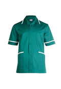 A Uneek UC924 mens heavyweight bottle green short-sleeve beauty and spa tunic with white trim around the collar and arms. It features a front button closure, a cross over neckline, and two front pockets outlined in white.