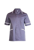 A Uneek UC924 mens heavyweight convoy grey short-sleeve beauty and spa tunic with white trim around the collar and arms. It features a front button closure, a cross over neckline, and two front pockets outlined in white.