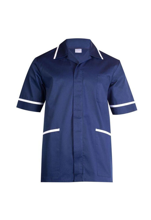 A Uneek UC924 mens heavyweight short-sleeve tunic in Navy Blue with white trim around the collar and arms. It features a front button closure, a cross over neckline, and two front pockets outlined in white.