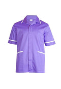 A Uneek UC924 mens heavyweight purple short-sleeve beauty and spa tunic with white trim around the collar and arms. It features a front button closure, a cross over neckline, and two front pockets outlined in white.