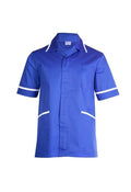A Uneek UC924 mens heavyweight royal blue short-sleeve beauty and spa tunic with white trim around the collar and arms. It features a front button closure, a cross over neckline, and two front pockets outlined in white.