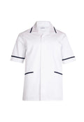 A Uneek UC924 mens heavyweight white short-sleeve beauty and spa tunic with white trim around the collar and arms. It features a front button closure, a cross over neckline, and two front pockets outlined in white.