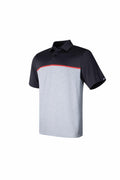 Under Armour Golf UG003 polo shirt with short sleeves, featuring a gray bottom, black top, and a red stripe across the front.