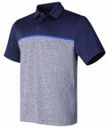 A short-sleeve, two-tone men's polo shirt. The top section is dark blue, and the bottom portion is gray with a blue horizontal stripe separating the two colors. The product name is UG003 by Under Armour Golf.