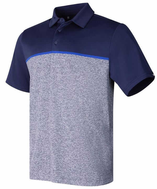 A short-sleeve, two-tone men's polo shirt. The top section is dark blue, and the bottom portion is gray with a blue horizontal stripe separating the two colors. The product name is UG003 by Under Armour Golf.