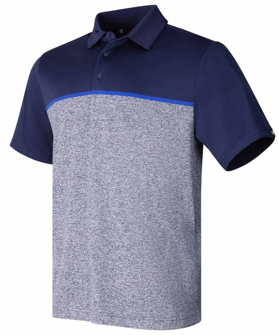 A short-sleeve, two-tone men's polo shirt. The top section is dark blue, and the bottom portion is gray with a blue horizontal stripe separating the two colors. The product name is UG003 by Under Armour Golf.