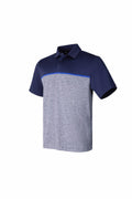 The UG003 by Under Armour Golf is a short-sleeved polo shirt featuring a navy blue upper section, a gray textured lower section, and a blue stripe across the chest.