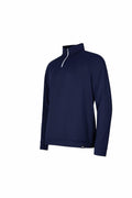 An Under Armour Golf UG030 quarter-zip sweater in navy blue, featuring long sleeves, displayed on a plain white background.