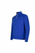 The UG030 by Under Armour Golf is a vibrant blue pullover designed with long sleeves and a quarter-zip front. It features a stand-up collar and boasts a sleek, minimalist style, perfect for both casual and active wear.