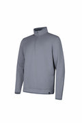 The Under Armour Golf UG031 is a quarter-zip pullover sweater in gray, featuring long sleeves. Displayed against a white background, it boasts a simple and casual design with a high collar and no visible branding or embellishments.