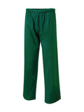 A pair of uc922 bottle green unisex scrub pants from Uneek Scrub Trouser with an elastic waistband, displayed against a plain white background. These straight-legged pants are crafted from lightweight fabric, offering comfort and durability for everyday wear.
