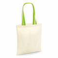 A W101C by Westford Mill tote bag featuring a plain canvas design and adorned with long, light green handles, set against a white background.
