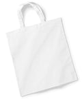 A plain white reusable fabric tote bag named W101S from Westford Mill, featuring two handles and lying flat against a white background. The tote boasts a rectangular shape with clean, crisp lines, indicating it's new and unused.