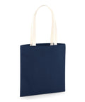 A navy blue Westford Mill W801C tote bag with cream-colored handles, displayed against a plain white background.