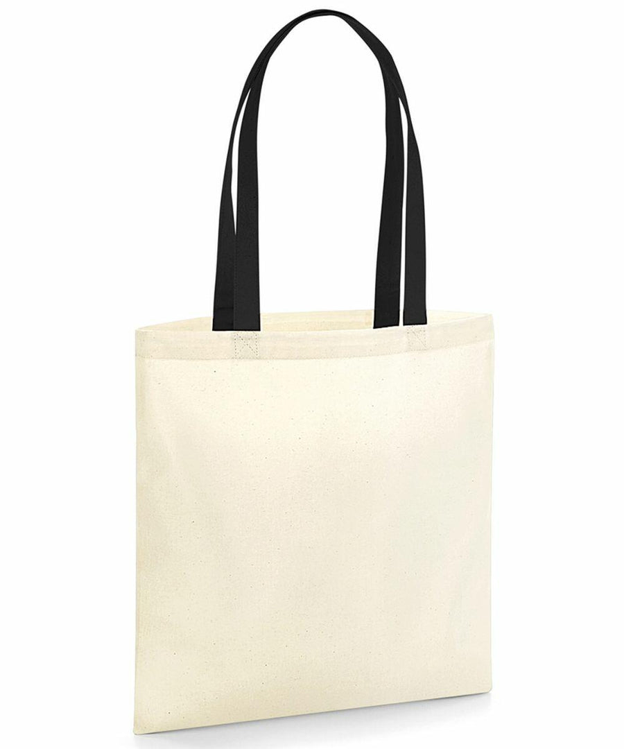 A plain, cream-colored Westford Mill W801C canvas tote bag with black handles.