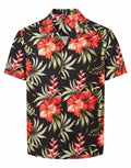 Introducing the Wombat WB500: a stylish black Hawaiian shirt adorned with red hibiscus flowers and green leaves.