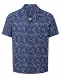 A Wombat short-sleeve shirt, WB500, in blue with a white geometric diamond pattern.