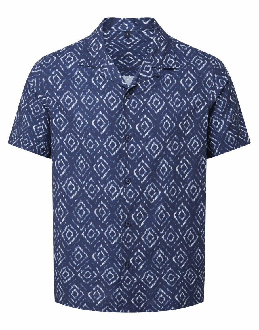 A Wombat short-sleeve shirt, WB500, in blue with a white geometric diamond pattern.
