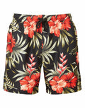 A pair of WB900 black shorts by Wombat, featuring a red and green tropical floral pattern.