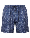 The Wombat WB900 shorts showcase a blue pattern with a white geometric diamond print, featuring an elastic waistband and a drawstring tie.