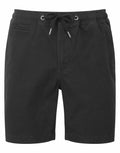Wombat brand WB902 black drawstring shorts featuring front pockets and a back pocket, presented against a white background.