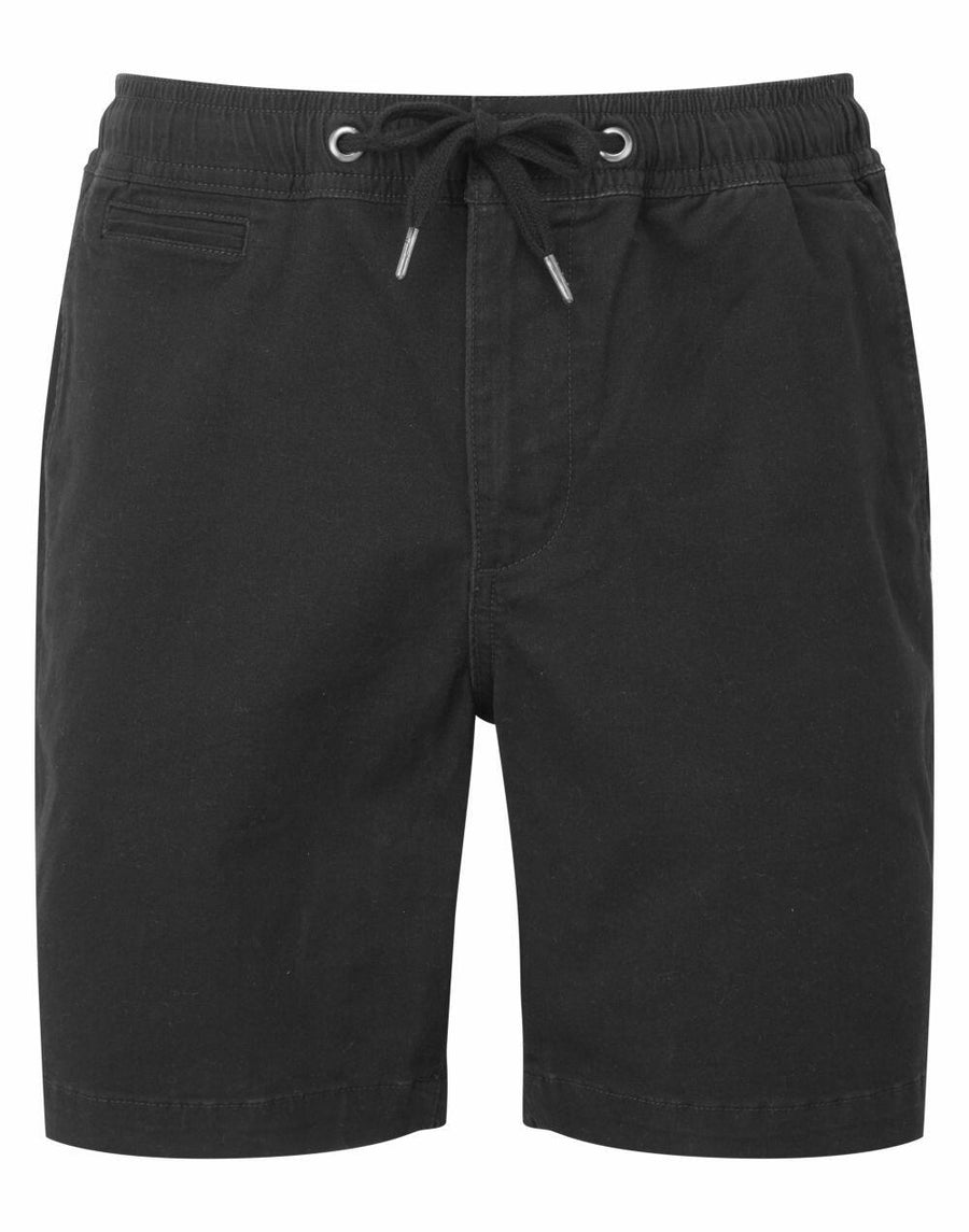 Wombat brand WB902 black drawstring shorts featuring front pockets and a back pocket, presented against a white background.