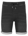 Wombat's WB907 black denim shorts feature a drawstring waistband and rolled cuffs, shown from the front view.